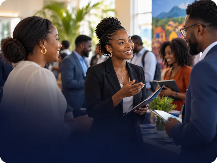 Haitian professionals talking at a community networking event