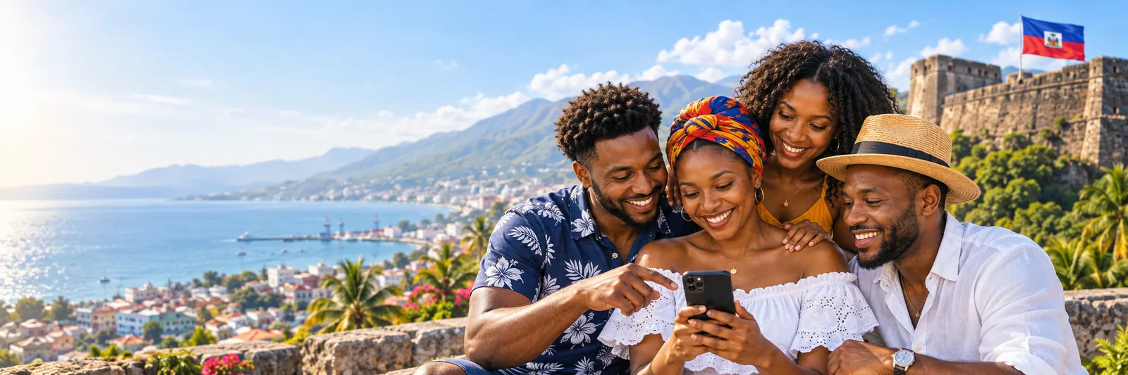Four friends smiling over a phone on a stone wall above a Haitian bay, with a historic fort behind them
